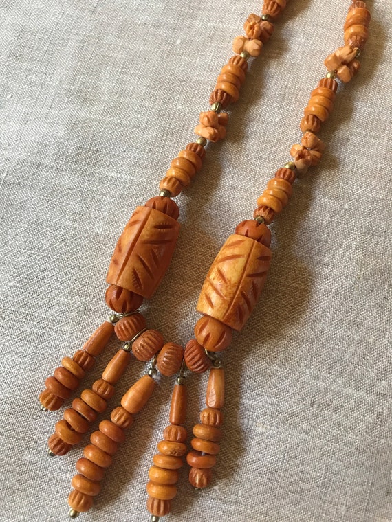 Unusual Vintage Handmade Necklace, Carved Beads, … - image 4