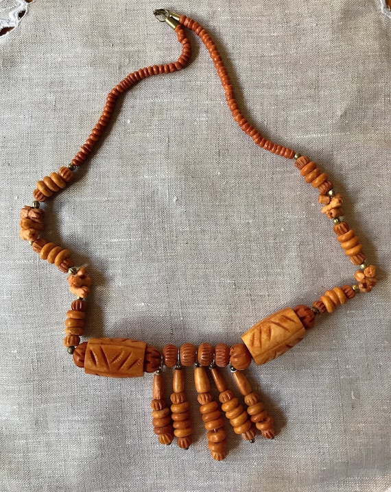 Unusual Vintage Handmade Necklace, Carved Beads, … - image 2