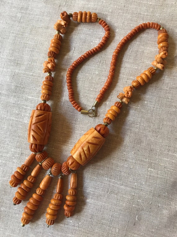 Unusual Vintage Handmade Necklace, Carved Beads, … - image 1