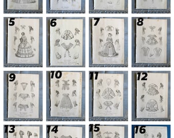 AUSWAHL DER Antiken Mitte der 1800er Jahre Französische Mode Platte Gravuren, 19.Jahrhundert, Historische Kostüme, Kleid, Kleid, Damen, Inspiration, Frauen