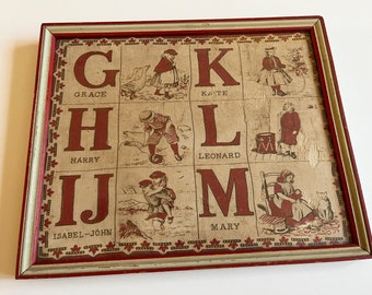 Antique Victorian Era Children's Alphabet / Names Handkerchief, Framed, Turkey Red, 19th Century, Textile, Childhood, Alphabet, Kids, Names