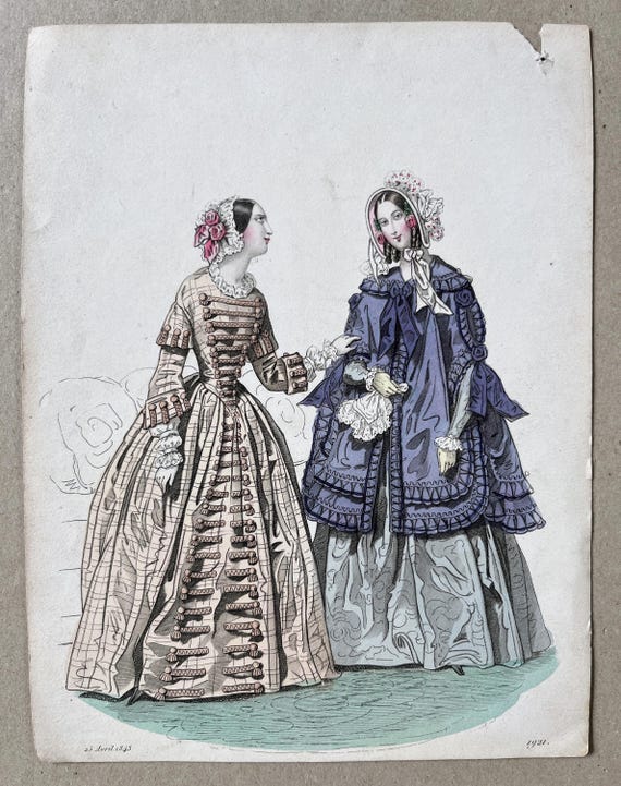 Assiette de mode coloriée à la main de 1843 histoire de la robe