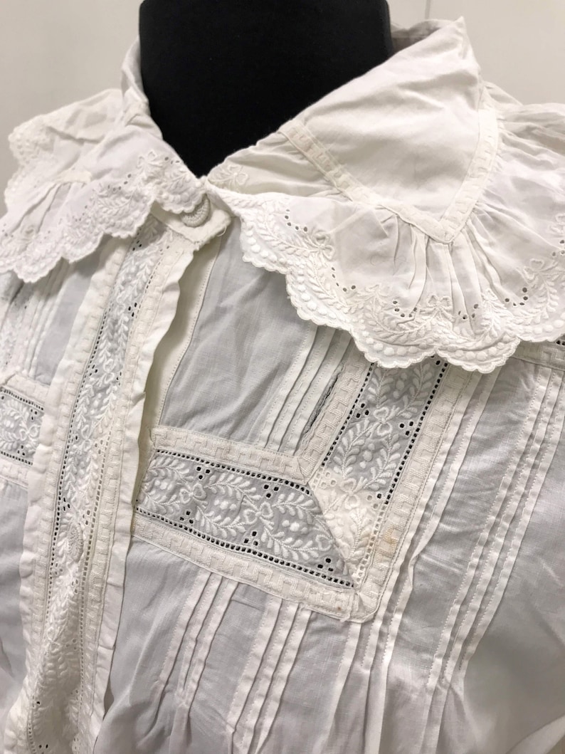 Downton Abbey Historical Top Large Size Clothing Edwardian Women with Whitework Hand Embroidery Fine Antique Cotton Shirt Jacket