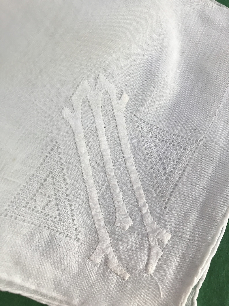 Antique or Vintage Cotton Handkerchief with M Monogram Groom Personalized Bride Gift Whites Linens Embroidery Wedding Hankie