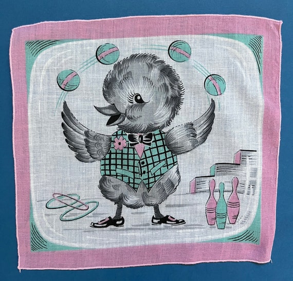 Adorable Vintage Children's Handkerchief, Bowling… - image 1