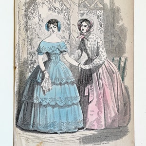 Antique Mid-1800s Hand Colored Fashion Plate Engraving, Victorian, Historical Costuming, Pastel, Room Decor, Dresses, Women, 19th Century