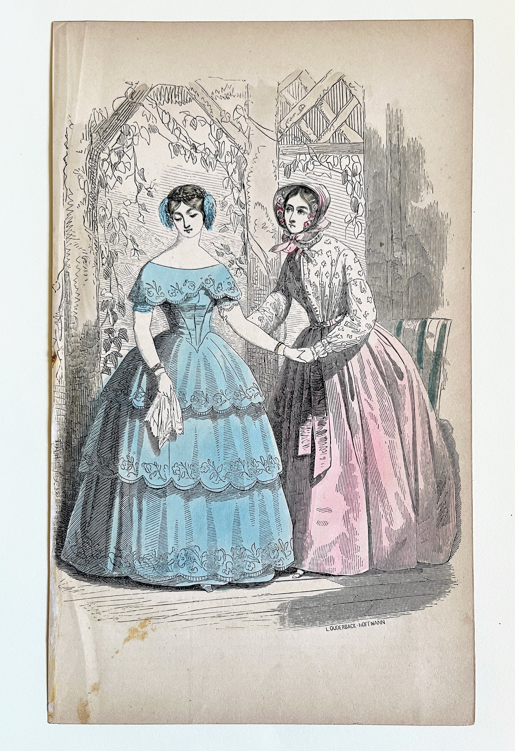 Antique Fashion Plate Engraving: Mid-1800s Hand-colored Victorian
