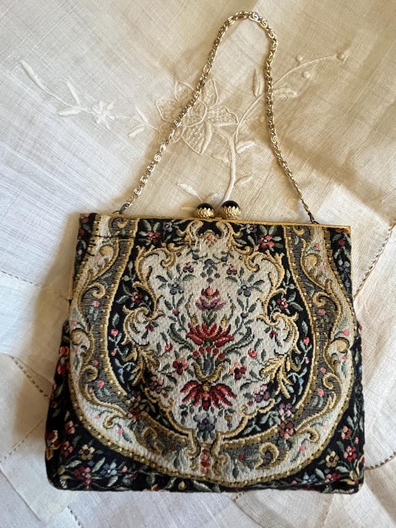Vintage Made in France Tapestry Purse Floral Flowers Costuming Fashion Elegant Pretty Ladies Women Handbag Fabric Gift for Her