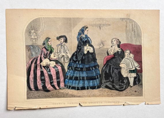 Antique Hand Colored Mid 1800s Era Fashion Plate 1850s 19th Century Victorian Era Fashion Women Gowns Dresses Children Art Decor