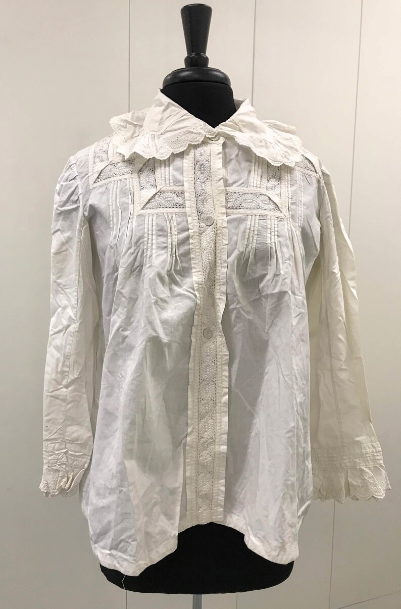 Downton Abbey Historical Top Large Size Clothing Edwardian Women with Whitework Hand Embroidery Fine Antique Cotton Shirt Jacket