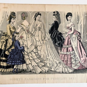 Antique 1872 Hand Colored Fashion Plate Engraving (Bridal), Art, Historical, Gown, Dress History, Women, Costume Inspiration, 19th Century