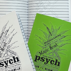 May include: Two spiral bound notebooks with black and white word art of a pineapple on a white background and a green background. The text includes the words "Magic Head", "Hollabackatcha", "Psych", and "Peter Panic".