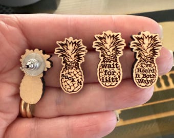 Psych-Themed Stud Earrings – Engraved Wood & Stainless Steel Earrings, Small Lightweight Gift