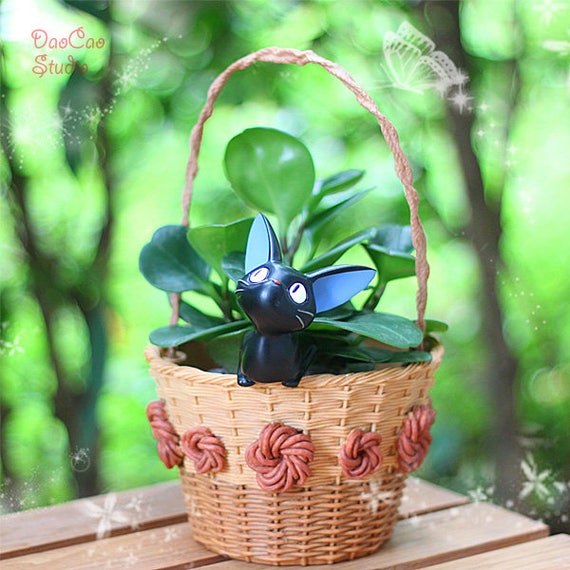 Fairy Garden Planter Pot Black Kiki Cat In Basket Flower Image 0