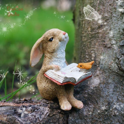 Cute Bunny Fairy Miniature  , Tiny Rabbit Reading Book with Friend Brid ,  Mini Fairy Garden Supplies Succulent Terraium DIY Accessories