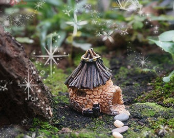 Stone House Miniature Tiny Branch Roof Cottage Yellow Gray