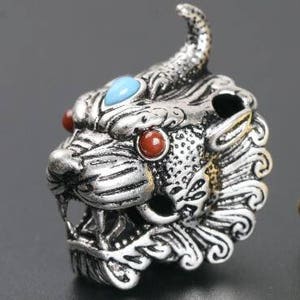 Tibetan Silver Guru Bead , 1pcs Carved Lion Head, Spacer Beads for Mala Japa DIY Accessories Sterling Silver Jewelry Findings 22mm 3 Hole