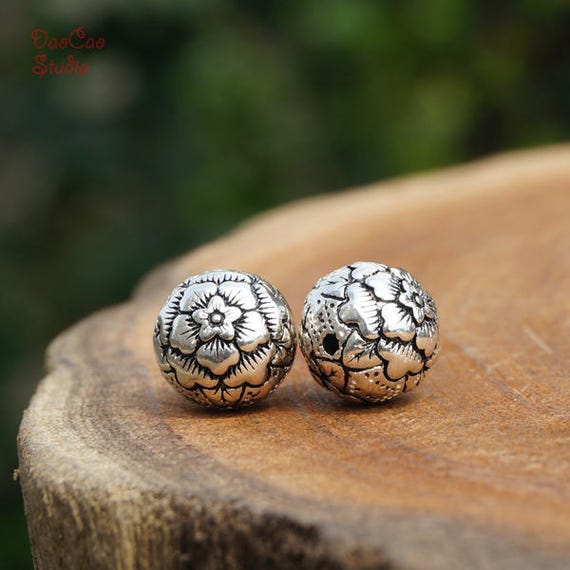 925 Sterling Silver Bead 2pcs Carved Flower Thai Silver Nepal