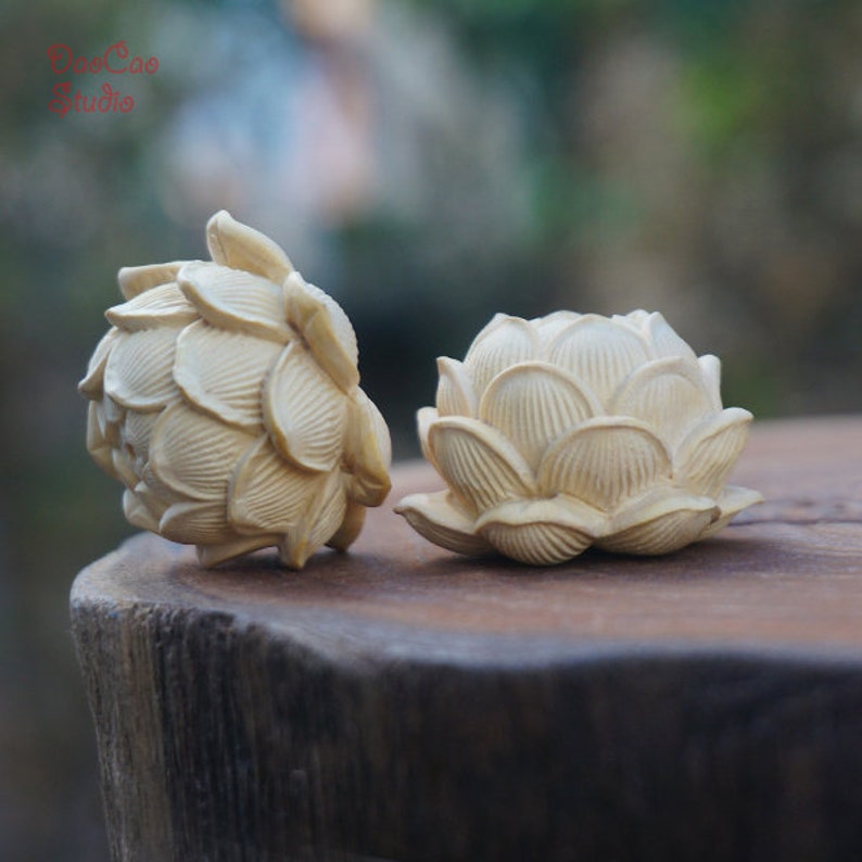 Natural Wood Bead 1pcs Boxwood Fine Carved Big Lotus Flower Etsy