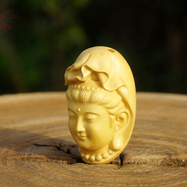 Natural Wood Bead , 1pcs Ivory White Boxwood Bead Carved Guanyin Bodhisattva Buddha , Guru Bead Spacer Bead DIY Accessories Jewelry Findings