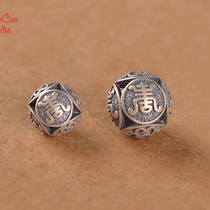 Sterling Silver Bead 2pcs Carved Shou ( long life ) , Thai Silver Nepal Tibetan Spacer Beads for Earrings Mala Japa DIY Jewelry 8mm 10mm