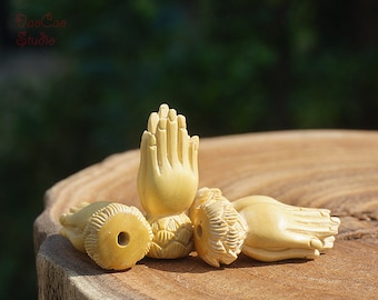 Natural Wood Bead, 2pcs Boxwood Guru Bead Carved Buddha Hand ,  Yellow Wood Pendant Guru Beads Spacer Beads DIY Accessories Jewelry Findings