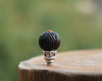 Natural Wood Guru Bead , Black Lotus Inlay Red Coral Silver Top , Guru Bead DIY Accessories Jewelry Findings 10mm 12 MM 15 mm 3 Hole