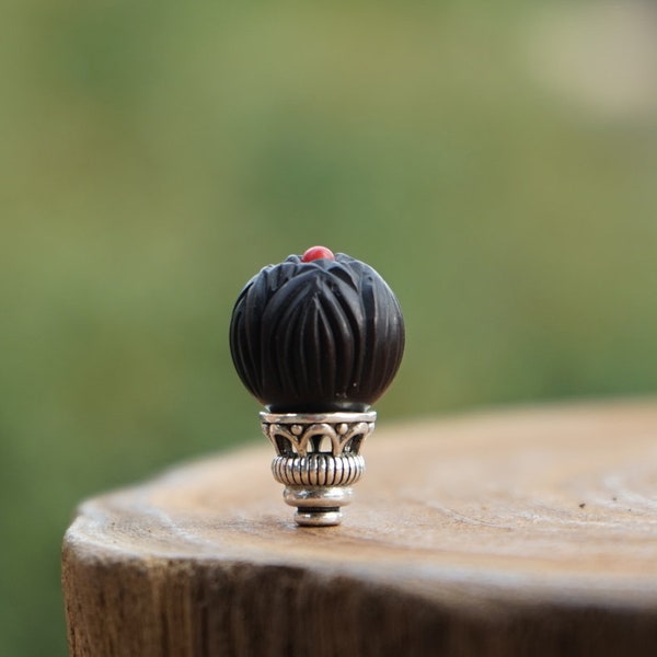 Natural Wood Guru Bead , Black Lotus Inlay Red Coral Silver Top , Guru Bead DIY Accessories Jewelry Findings 10mm 12 MM 15 mm 3 Hole