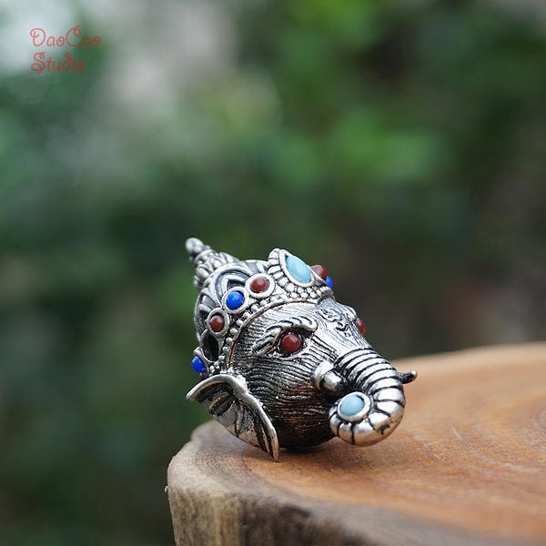 Tibetan Silver Guru Beads , 1pcs Carved Ganesha [Elephant Head Boddha] Guru Bead , Spacer Beads DIY Accessories Jewelry Findings 3 Hole 20mm