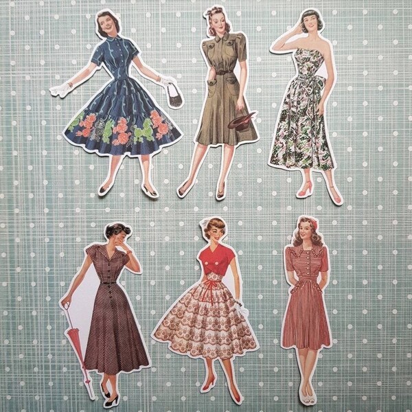 6 x Retro Girls stickers 1940's 1950's 1960's. Cute stickers. Fashion. Snail mail  scrapbook planner journal decorations. Ephemera.