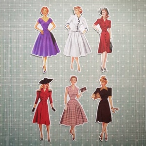6 x Retro Mädchen Aufkleber 1940er 1950er 1960er Jahre. Niedliche Sticker. Mode. Snail Mail Scrapbook Planer Journal Dekorationen. Ephemera.