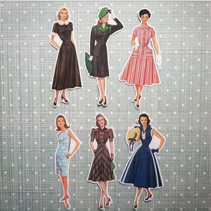 6 x Retro Mädchen Aufkleber 1940er 1950er 1960er Jahre. Niedliche Sticker. Mode. Snail Mail Scrapbook Planer Journal Dekorationen. Ephemera.