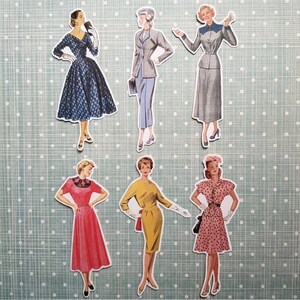 6 adesivi Retro Girls anni '40, '50 e '60. Adesivi carini. Moda. Decorazioni per diario, planner e scrapbooking via posta ordinaria. Ephemera.