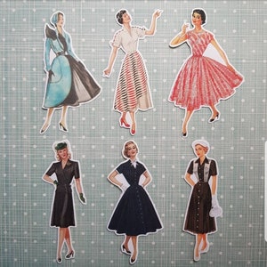 6 x Retro Mädchen Aufkleber 1940er 1950er 1960er Jahre. Niedliche Sticker. Mode. Snail Mail Scrapbook Planer Journal Dekorationen. Ephemera.