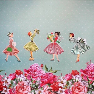 4 adesivi Retro Christmas Girls. Adesivi carini. Moda. Decorazioni per diario, scrapbooking e posta ordinaria. Effimere.