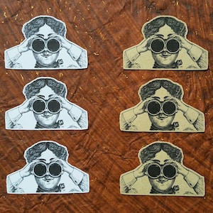 6 stickers blancs et kraft La femme aux jumelles. millésime. Steampunk. Décoration de journal indésirable pour agenda midori, collage courrier postal.