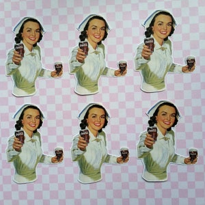 6 adesivi Infermiera con Coca Cola. Adesivi carini. Retro. Decorazioni per diario, scrapbooking e planner per posta ordinaria. Effimere.