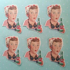 6 x Frau mit 7Up Aufklebern. Niedliche Aufkleber. Retro. snail mail Scrapbook Planer Journal Dekorationen. Ephemera.