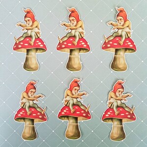 6 x Gnome on a Toadstool stickers. Vintage style. Retro. Snail mail  scrapbook planner journal decorations. Ephemera.