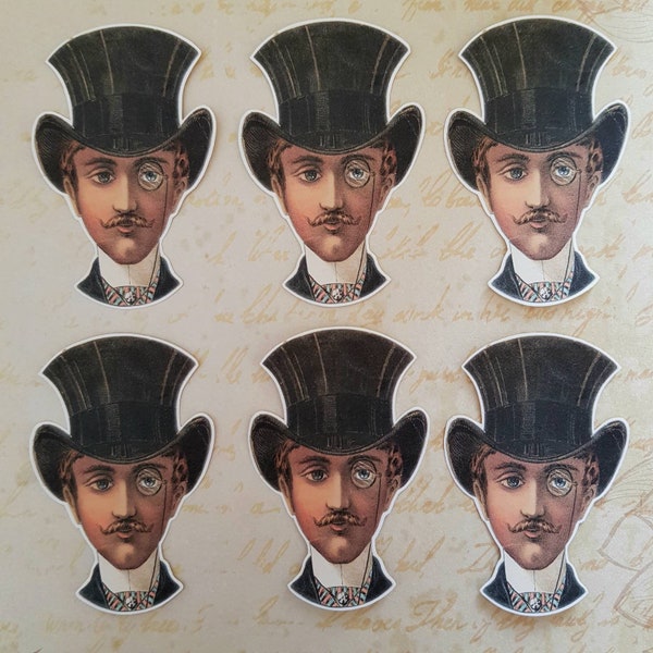 6 x Autocollants Homme dans un chapeau haut de forme. Rétro. ancien. Steampunk. Décoration de journal indésirable de planificateur de scrapbooking de collage de courrier d'escargot. Éphémère.