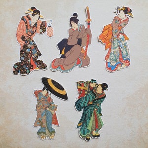 SET E - Adesivos de gueixa japonesa – Conjunto de 5 | Arte Ukiyo-e | Álbum de recortes, diário, planejador, correio tradicional, itens efêmeros, adesivos estéticos fofos
