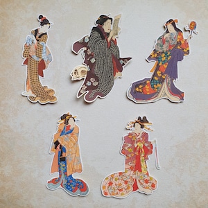 SET F - Japanische Geisha Aufkleber - 5er Set | Ukiyo-e Kunst | Scrapbook, Journal, Planer, Post, Ephemera, niedliche ästhetische Aufkleber