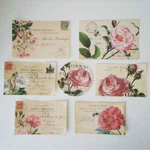7 x naklejki pocztówkowe z motywem ROSE. Styl vintage. Retro. Dekoracje do kalendarza scrapbookingowego ze ślimakową pocztą. Ephemera.
