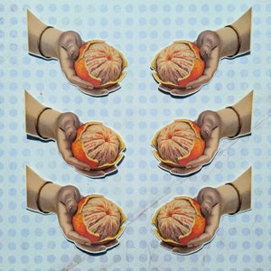 6 x Hand halten eine Orange Aufkleber. Vintage-Stil. Retro. Steampunk. snail mail Scrapbook Planer Journal Dekorationen. Ephemera.