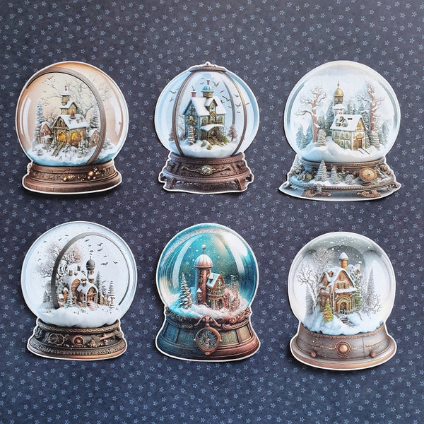 SET A - 6 x Winter Snow Globes. Cute stickers. Vintage style. Retro. Snail mail  scrapbook planner journal decorations. Ephemera.