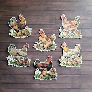 6 pegatinas de gallina, pollitos y huevos. Decoraciones del diario del planificador de álbumes de recortes por correo postal. Efímera.
