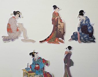 Set A - Japanese Geisha Stickers – Set of 5 | Ukiyo-e Art | Scrapbook, Journal, Planner, Snail Mail, Ephemera, Cute Aesthetic Stickers