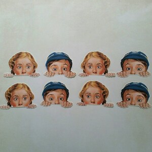 8 x pegatinas de niño y niña que miran a escondidas. Lindas pegatinas. Moda. Decoraciones del diario del planificador de álbumes de recortes por correo postal. Efímera.
