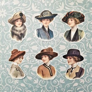 6 x cappelli invernali edoardiani. Adesivi carini. Moda. Decorazioni per diario e scrapbooking con posta ordinaria. Ephemera.