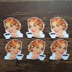 6 x Retro Frau trinkt Tee oder Kaffee Aufkleber. Niedliche Aufkleber. Mode. Schneckenpost Midori Planer Journal Dekorationen. Ephemera.
